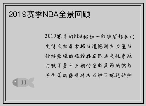2019赛季NBA全景回顾
