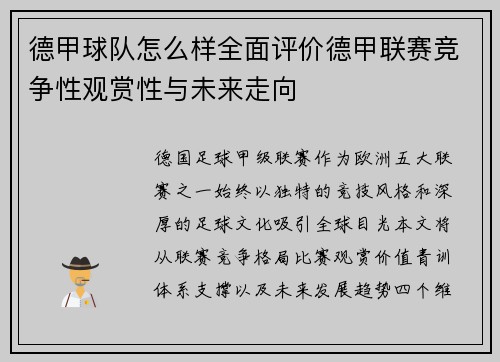 德甲球队怎么样全面评价德甲联赛竞争性观赏性与未来走向