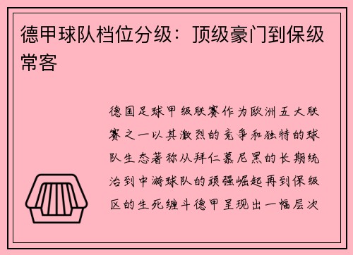 德甲球队档位分级：顶级豪门到保级常客