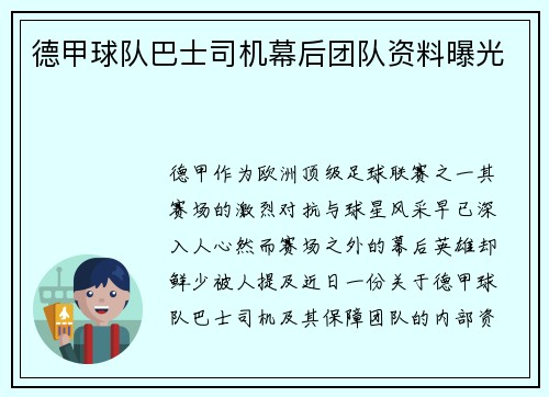 德甲球队巴士司机幕后团队资料曝光